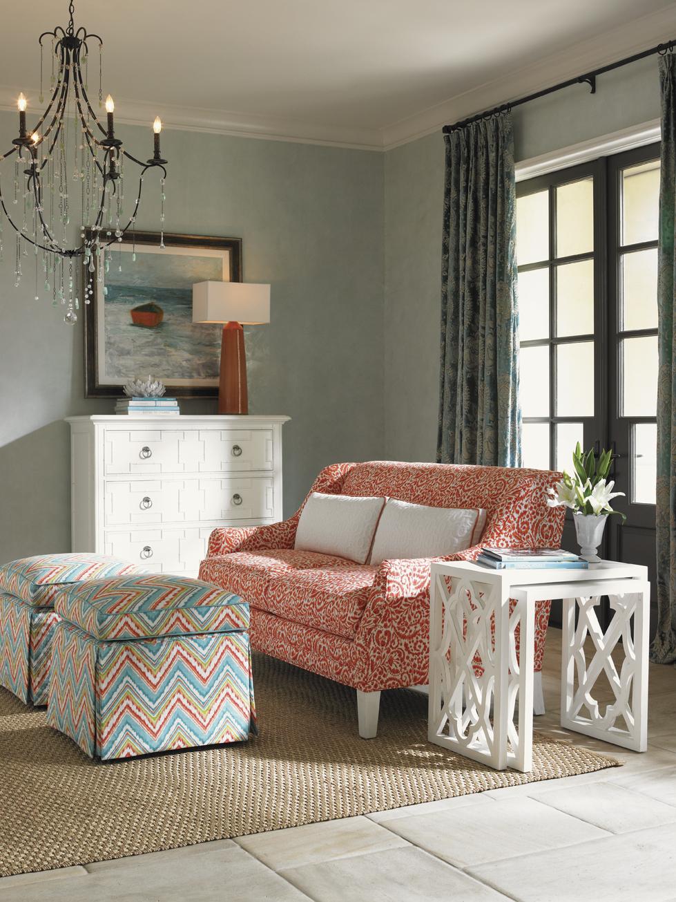 Tommy Bahama Home Ivory Key 758844 Square Half Moon Caye Ottoman with Skirt Base Baer's